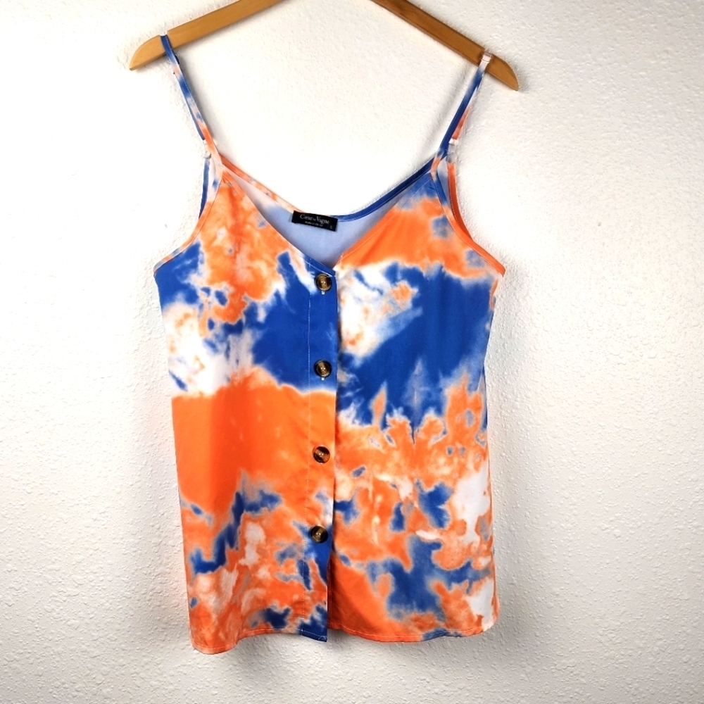 Coeur De Vague Button Down V Neck Strappy Tank Blue and Orange Tie Dye Size S